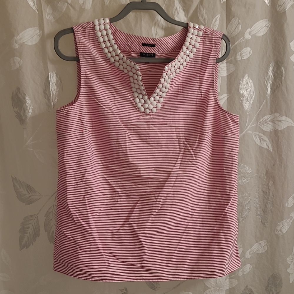 Talbots Pink Striped Tank Top with Beaded Neckline